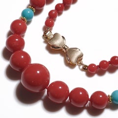Italian Coral Necklace with Sleeping Beauty Turquoises in 14K Gold