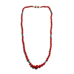 Italian Coral Necklace with Sleeping Beauty Turquoises in 14K Gold