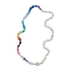 Rainbow Sapphire and Round Pearl Yellow Gold Necklace