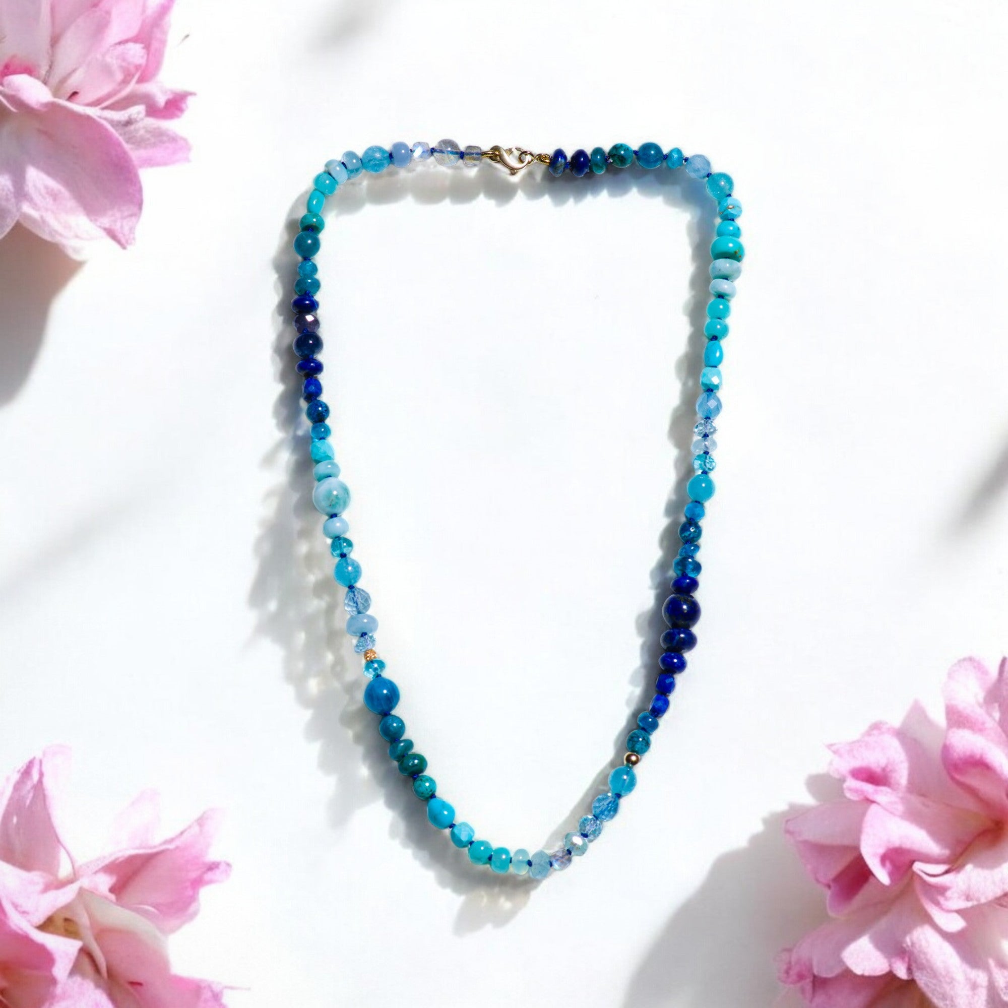 Modern Genuine Arizona Turquoise and Sapphire Bead Yellow Gold Necklace For Sale