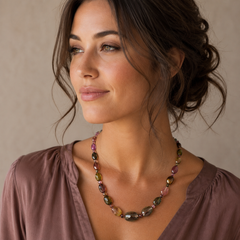 Giant Tourmaline and Green Sapphire Beaded Gold Necklace