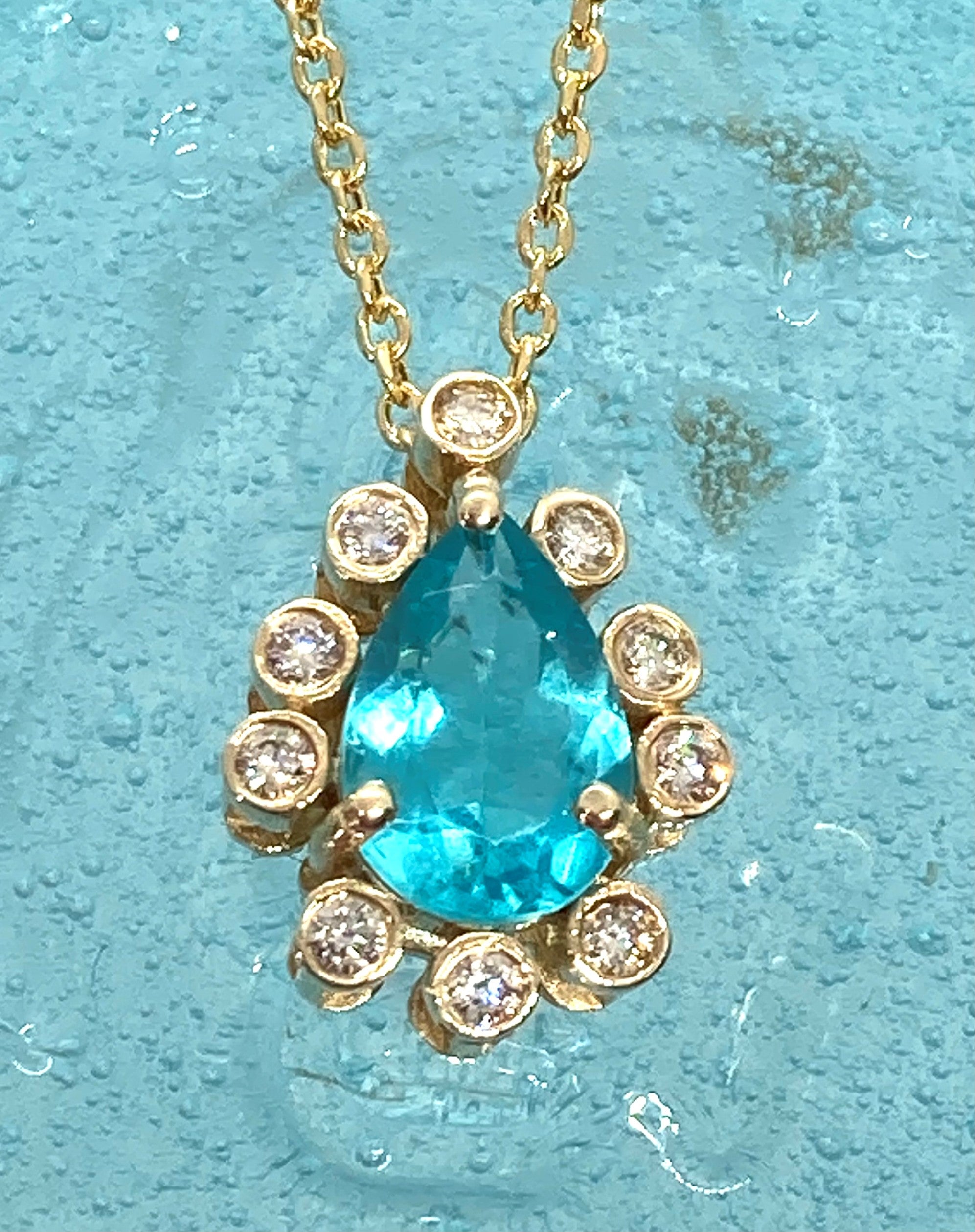 Genuine 1.35 Carat Natural Blue Paraiba Apatite Halo Diamond Pendant Necklace For Sale