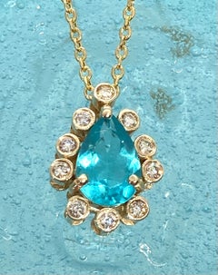 Genuine 1.35 Carat Natural Blue Paraiba Apatite Halo Diamond Pendant Necklace