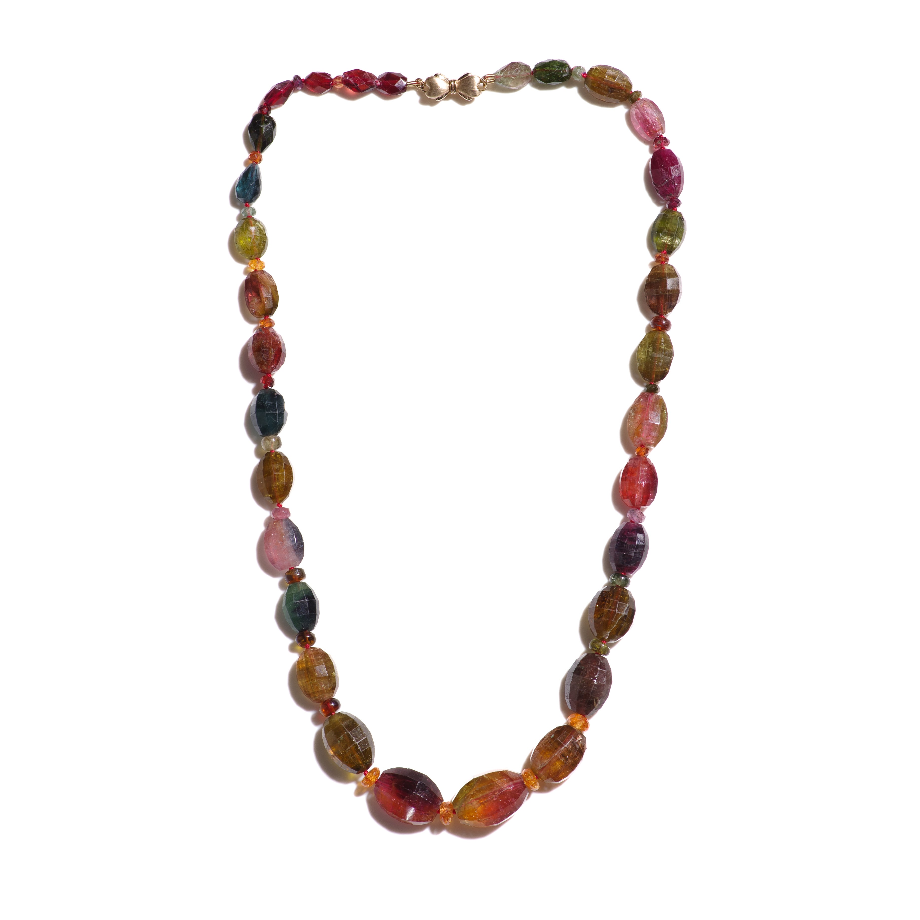 Collar de oro amarillo con cuentas de zafiro rosa auténtico y bioturmalina
