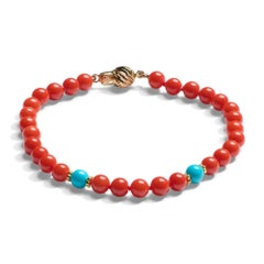Genuine Sleeping Beauty Turquoise and Sardinia Coral Bracelet in Yellow Gold