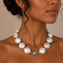 Giant Coin Pearl & Sleeping Beauty Turquoise Necklace in 18K Gold