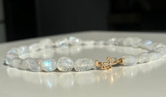 Giant Blue Flash Rainbow Moonstone 18K Yellow Gold Diamond Nugget Necklace