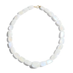Giant Blue Rainbow Moonstone 18K Yellow Gold Nugget Necklace