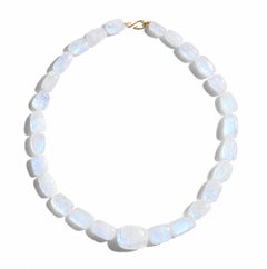 Giant Blue Rainbow Moonstone 18K Yellow Gold Nugget Necklace