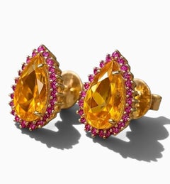 Giant Citrine and Ruby 14K Gold Statement Earrings