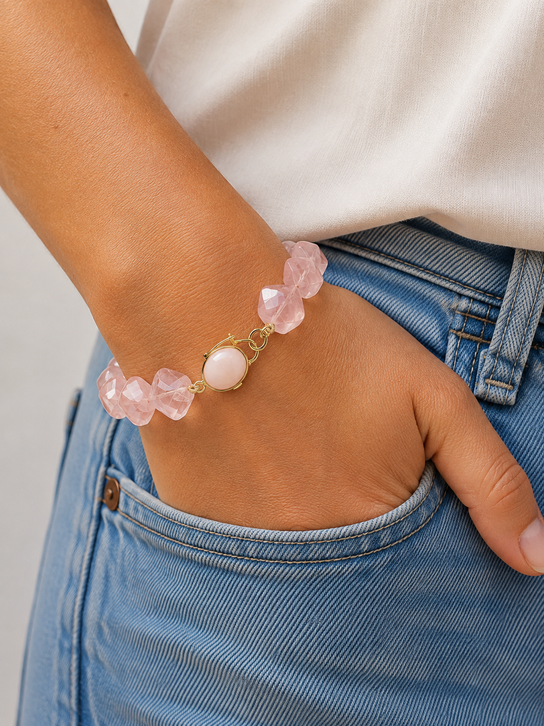 Giant Twisted Rose Quartz Opal 18K Yellow Gold Bracelet For Sale