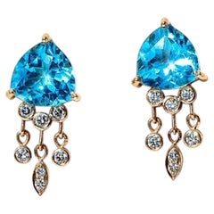 14K Gold Sky Blue Swiss Topaz Diamond Dangle Earrings