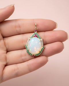 Genuine Opal 10ct Diamond Ruby Emerald Pendant in 14K Yellow Gold