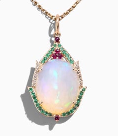 Genuine Opal 10ct Diamond Ruby Emerald Pendant in 14K Yellow Gold