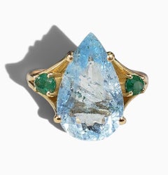Giant art Deco Aquamarine & Emerald 14K Yellow Gold Cocktail Ring