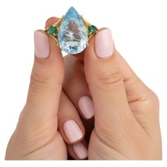 Giant art Deco Aquamarine & Emerald 14K Yellow Gold Cocktail Ring