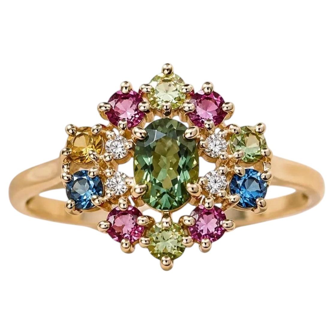 Cluster-Ring aus Gelbgold mit Regenbogen-Saphir, Turmalin und Diamanten im Angebot