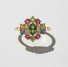 Rainbow Tourmaline Sapphire Diamond Cluster Ring in 14K Yellow Gold