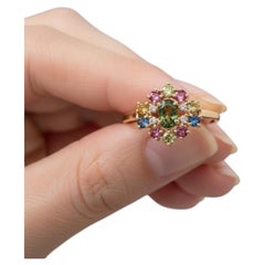 Rainbow Tourmaline Sapphire Diamond Cluster Ring in 14K Yellow Gold