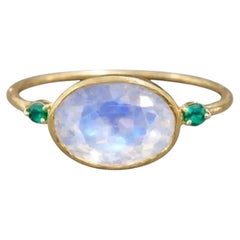 Rainbow Moonstone 14K Yellow Gold Zambian Emerald Ring