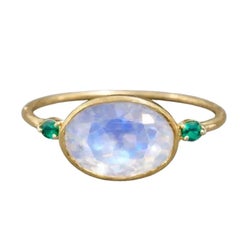Rainbow Moonstone 14K Yellow Gold Zambian Emerald Ring