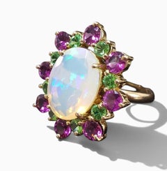 Vibrant Tsavorite & Opal Yellow Gold Garnet Cocktail Ring