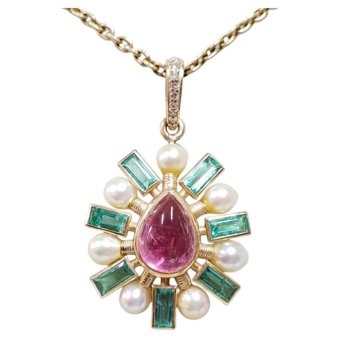 Genuine Emerald Diamond & Tourmaline Yellow Gold Pendant