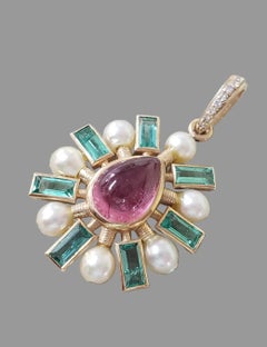 Pendentif en or jaune serti d'une émeraude, d'un diamant et d'une tourmaline authentiques