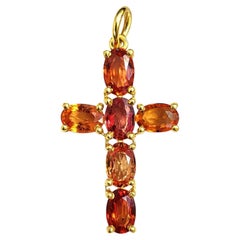 Genuine Vivid Orange Sapphire Yellow Gold Cross Pendant