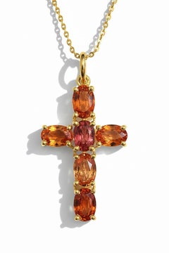 Genuine Vivid Orange Sapphire Yellow Gold Cross Pendant