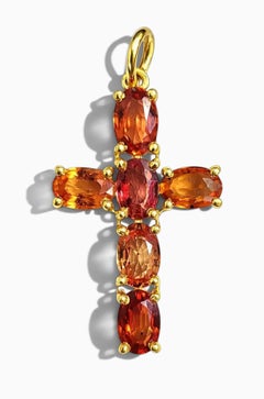Genuine Vivid Orange Sapphire Yellow Gold Cross Pendant