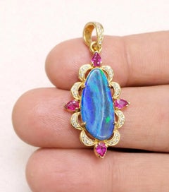 Australian Boulder Opal Ruby & Diamond Gold Pendant