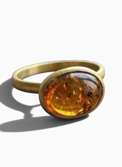 Bague cocktail empilable en or jaune 14 carats avec une pierre d'ambre ovale géante