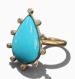 Genuine Sleeping Beauty Turquoise Diamond Cocktail Ring in 14K Yellow Gold