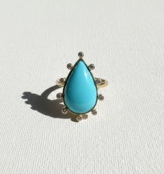 Genuine Sleeping Beauty Turquoise Diamond Cocktail Ring in 14K Yellow Gold