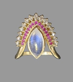 Extraordinairy Ruby &Rainbow Moonstone 18K Yellow Diamond Cocktail Ring