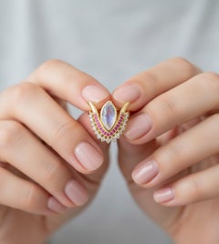 Exclusive Art Deco Ruby & Rainbow Moonstone 18K Yellow Diamond Cocktail Ring