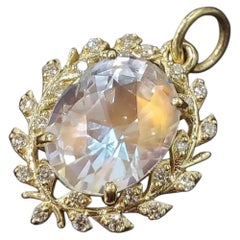 Genuine Madagascar Rainbow Moonstone Diamond Halo Pendant
