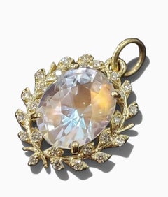 Genuine Madagascar Rainbow Moonstone Diamond Halo Pendant