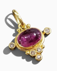 Genuine Pink Rubellite Tourmaline and Diamond 18K Yellow Gold Pendant