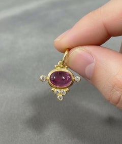 Genuine Pink Rubellite Tourmaline and Diamond 18K Yellow Gold Pendant