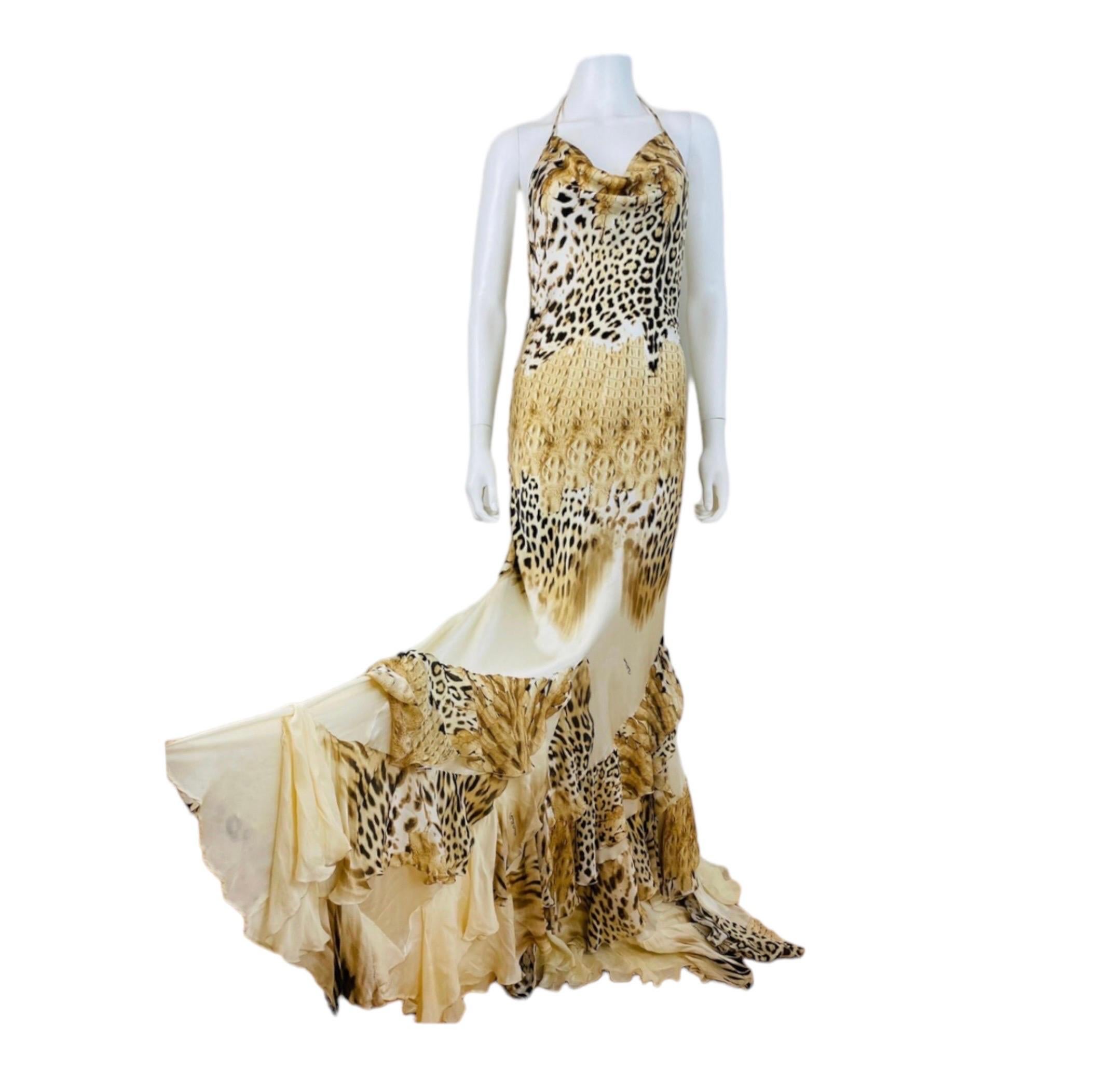 Vintage 2002 Y2K Roberto Cavalli Silk Cheetah Crocodile Mermaid Halter Dress In Excellent Condition For Sale In Denver, CO