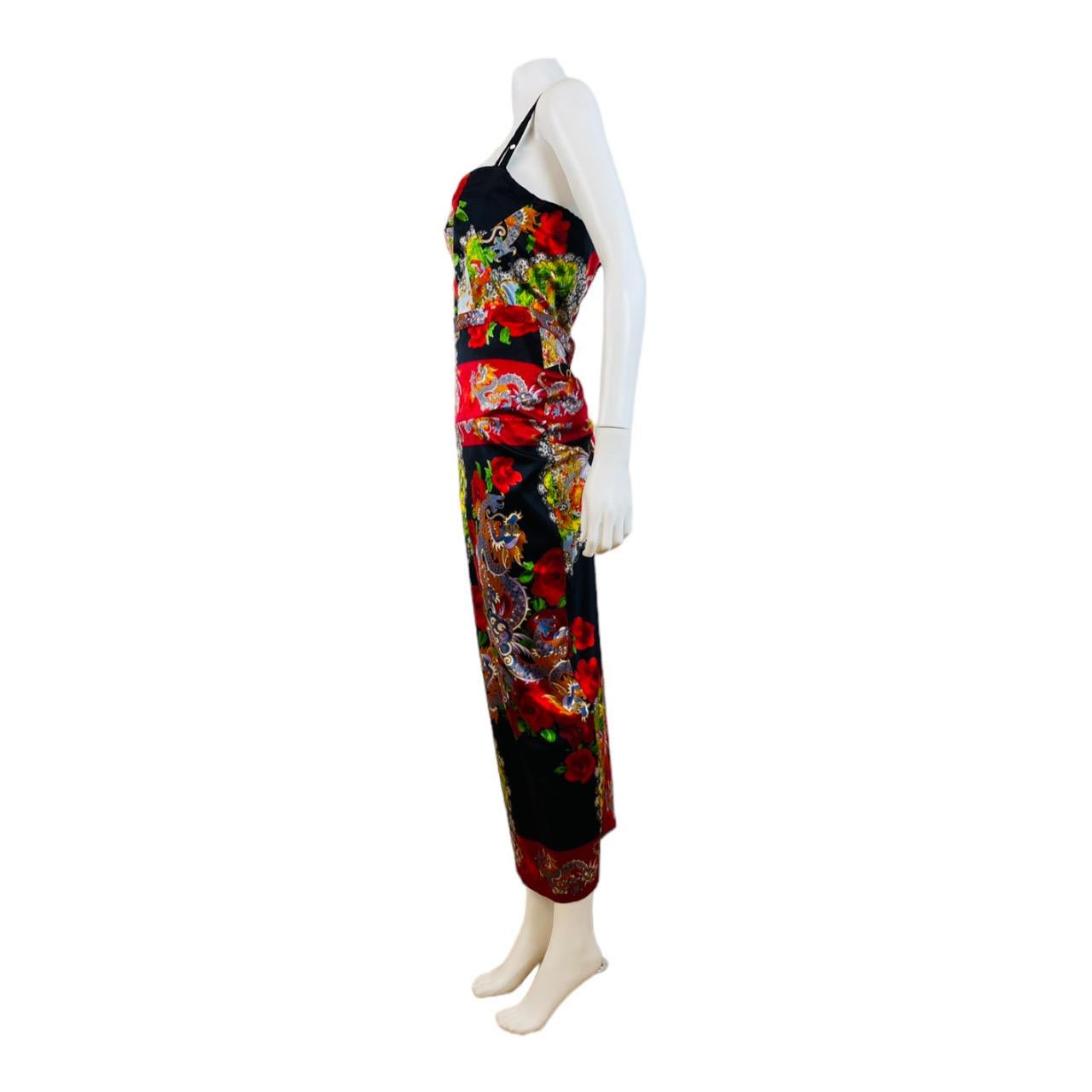 Vintage 1998 1990s Dolce + Gabbana Silk Satin Dragon Floral Corset Bustier Skirt For Sale 6