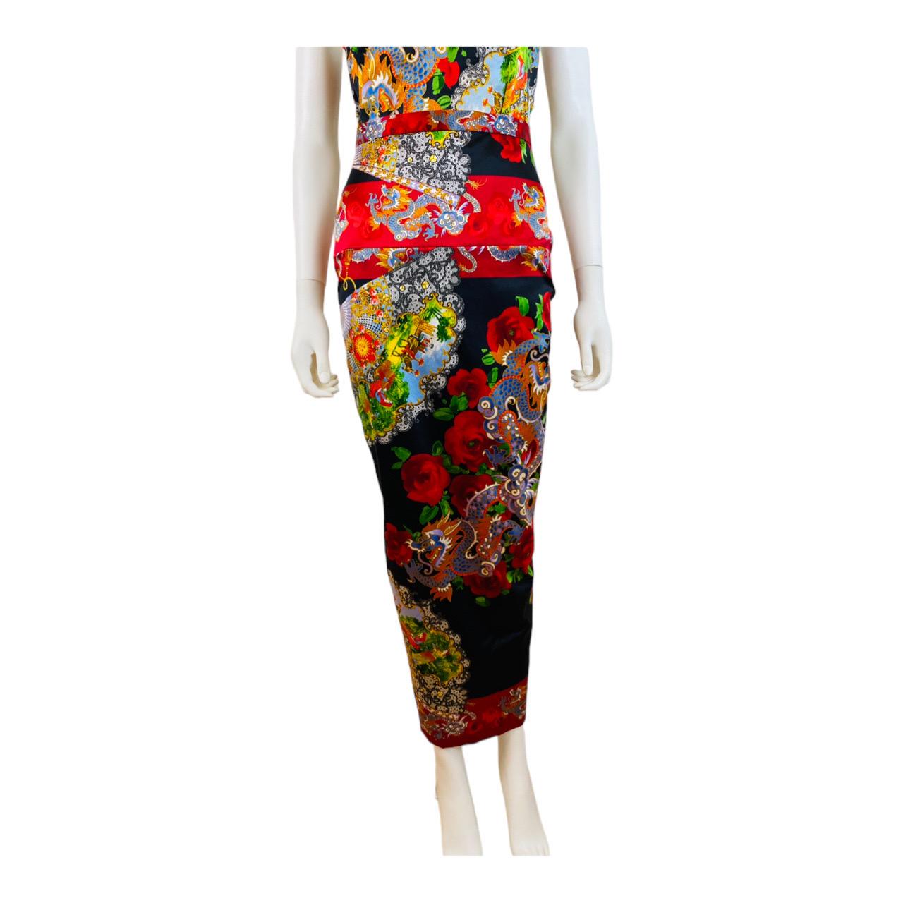 Vintage 1998 1990s Dolce + Gabbana Silk Satin Dragon Floral Corset Bustier Skirt For Sale 5