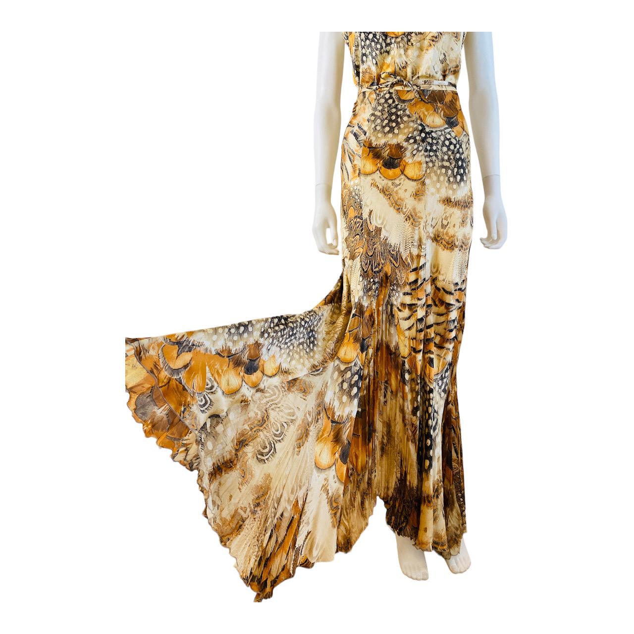 Vintage S/S 2004 Roberto Cavalli Feather Print Silk Top + Skirt Set For Sale 6