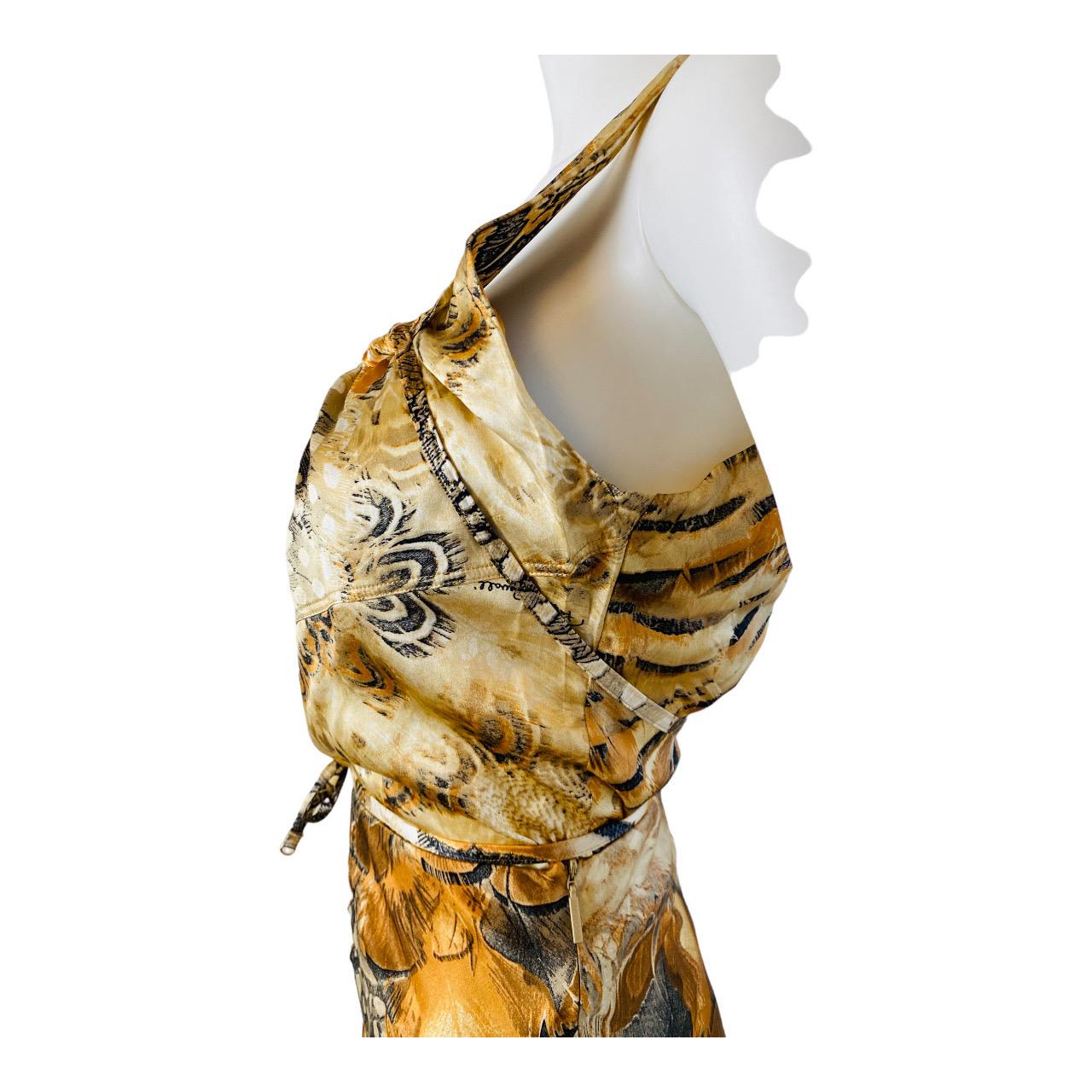 Vintage S/S 2004 Roberto Cavalli Feather Print Silk Top + Skirt Set For Sale 10