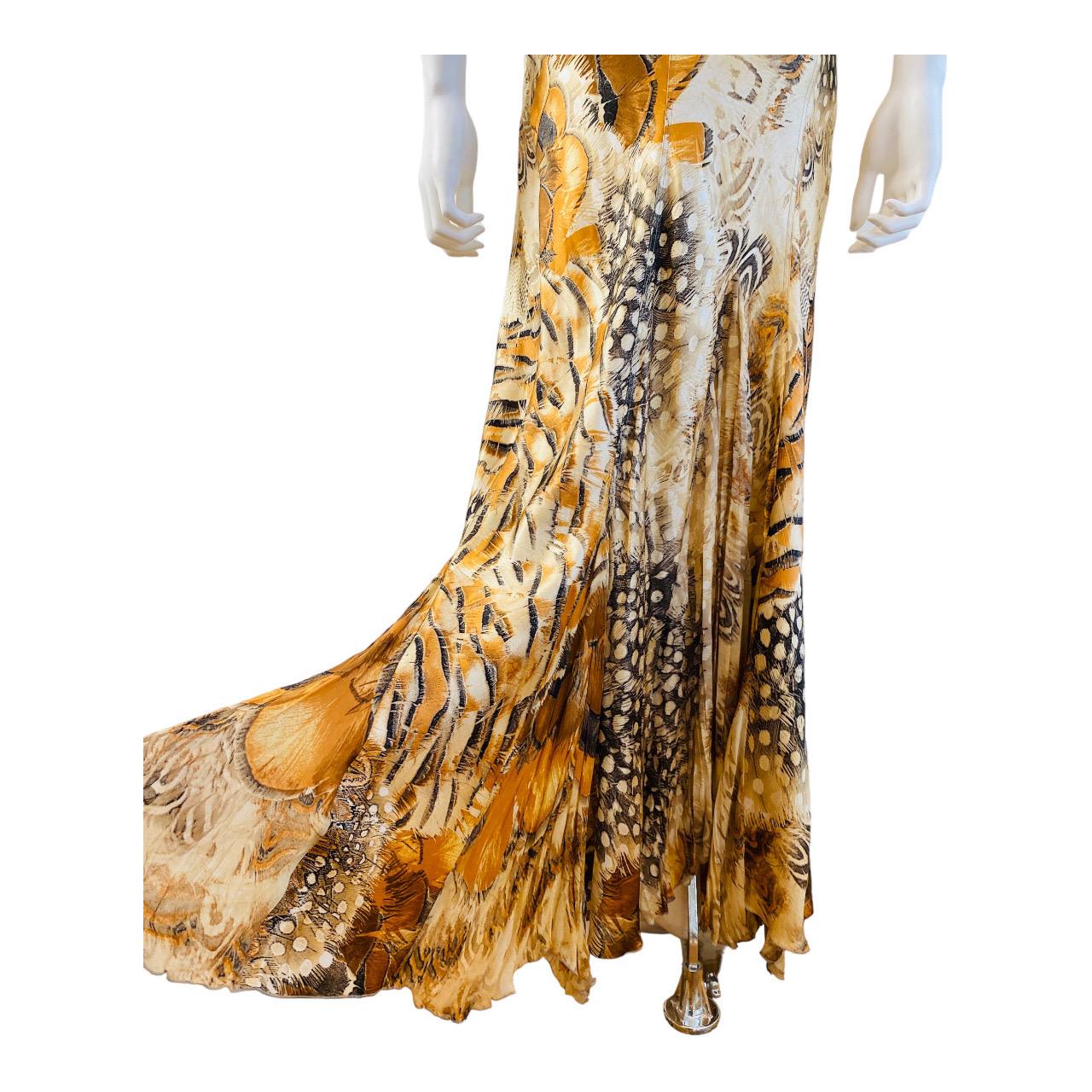 Vintage S/S 2004 Roberto Cavalli Feather Print Silk Top + Skirt Set For Sale 11