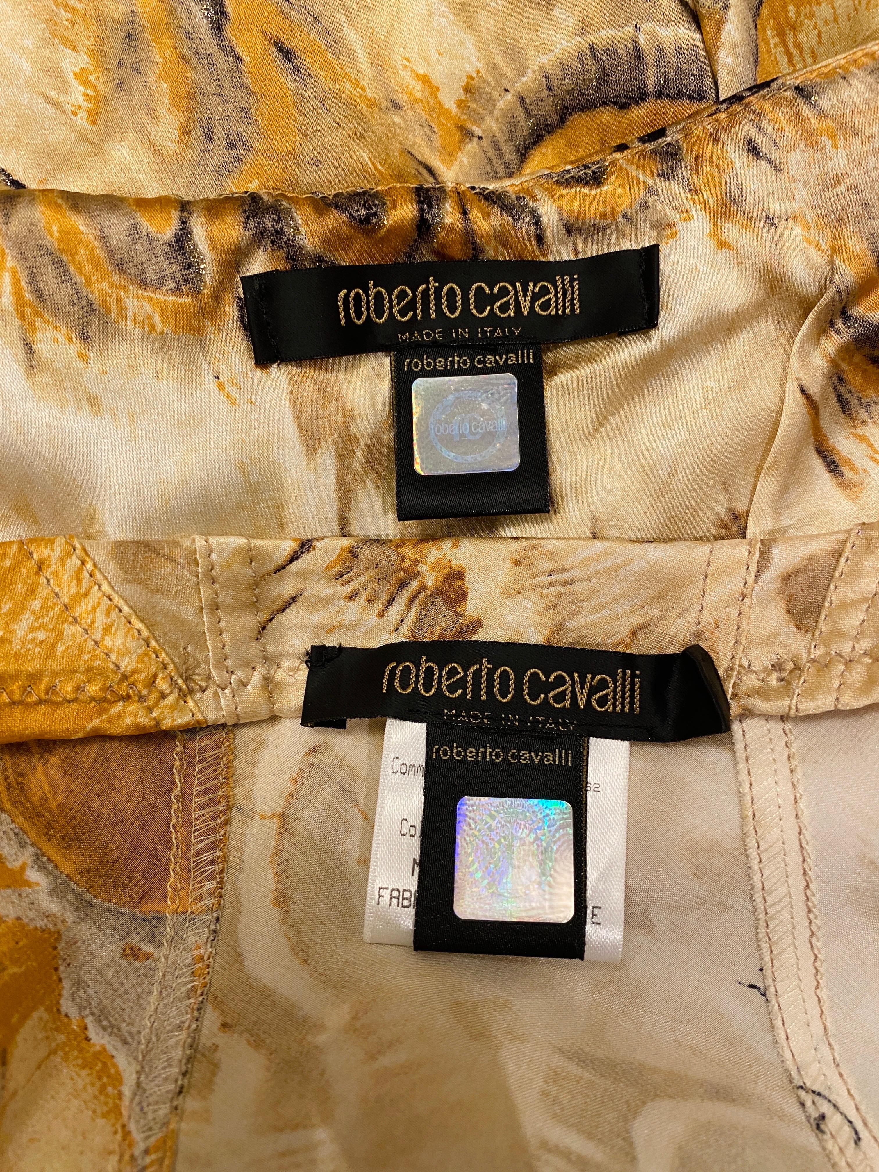 Vintage S/S 2004 Roberto Cavalli Feather Print Silk Top + Skirt Set For Sale 12