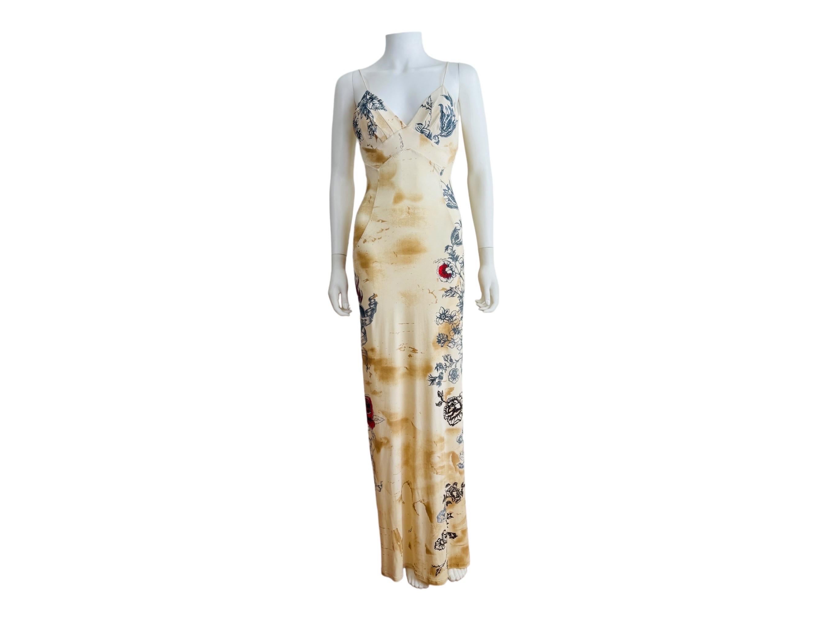 Women's Vintage S/S 2003 Y2K Roberto Cavalli Tattoo Maxi Dress Gown Tiger Hearts For Sale