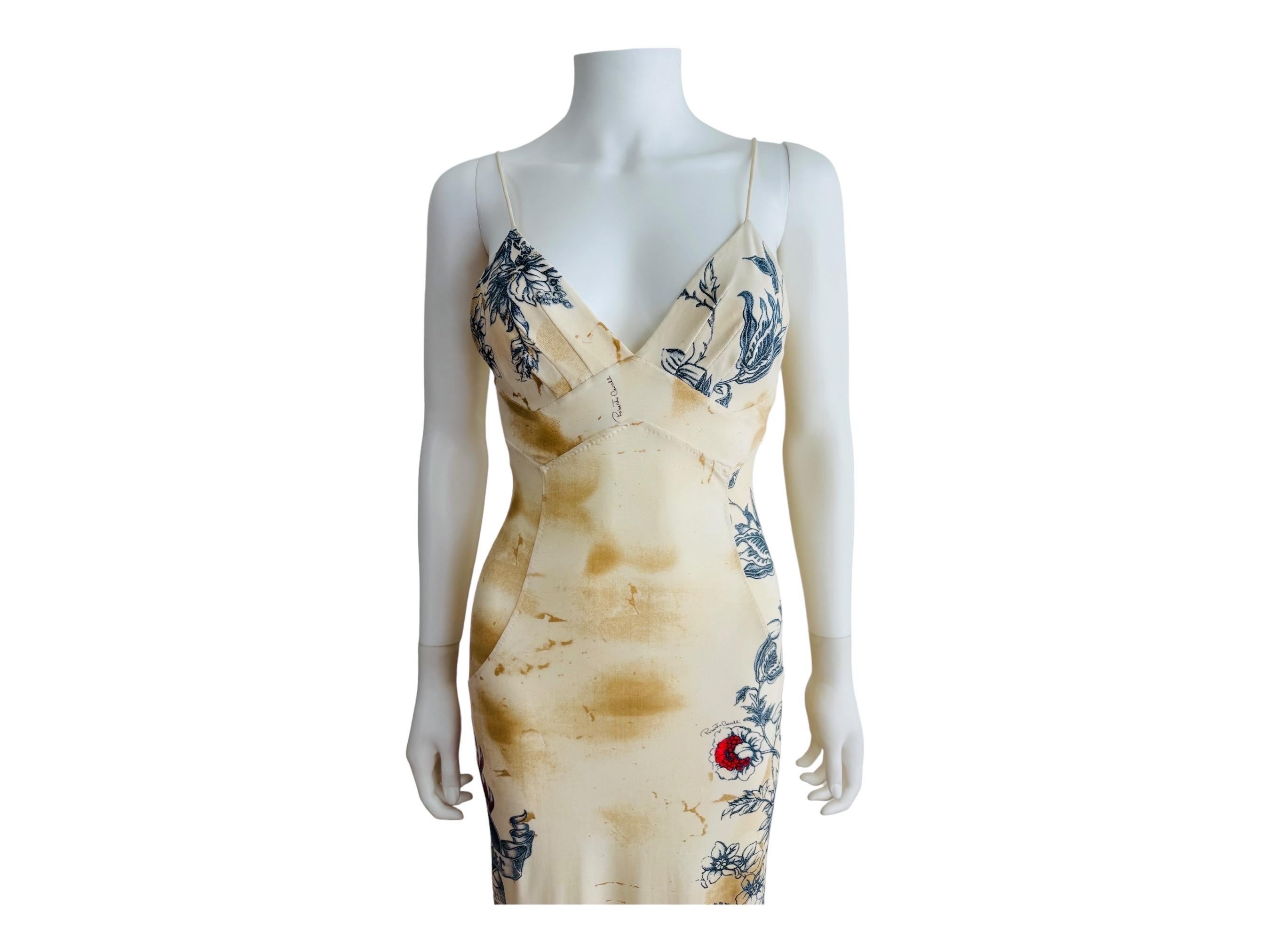 Vintage S/S 2003 Y2K Roberto Cavalli Tattoo Maxi Dress Gown Tiger Hearts For Sale 1